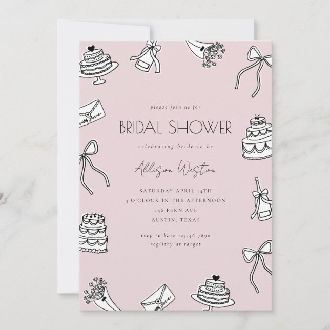 Chic Pink Bows Cakes Champagne Bridal Shower Invitation (Front)