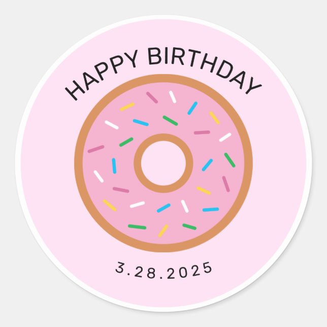 Chic Pink Brown Doughnuts Party Happy Birthday     Classic Round Sticker (Front)