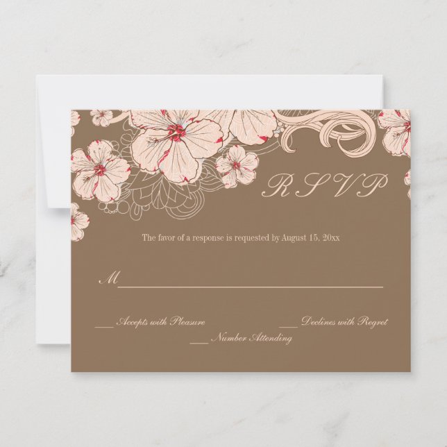 Chic pink brown hibiscus flower wedding RSVP reply Card (Front)