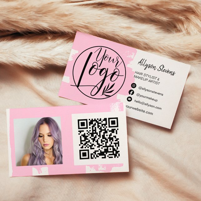 Chic pink brush hair makeup photo logo qr code business card (Chic pink brush hair makeup photo logo qr code business card)