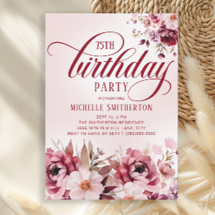 Chic Pink Burgundy Floral Glam 75th Birthday Invitation