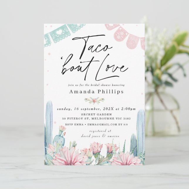 Chic Pink Cactus Taco Bout Love Bridal Shower Invitation (Standing Front)