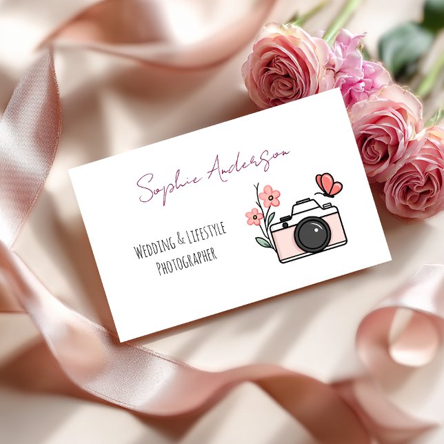Chic Pink Camera & Butterfly Wedding Photographer  Business Card (Creator Uploaded)