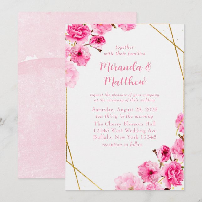 Chic Pink Cherry Blossom Geometric Wedding Invitation (Front/Back)
