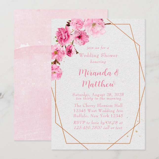 Chic Pink Cherry Blossom Geometric Wedding Shower Invitation (Front/Back)