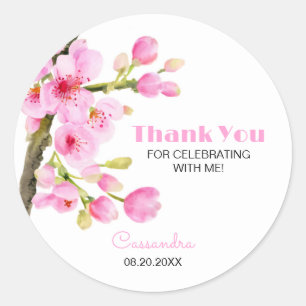 Chic Pink Cherry Blossom Sakura Floral Thank You Classic Round Sticker