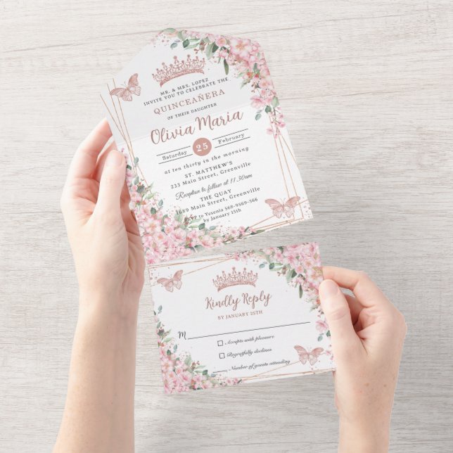 Chic Pink Cherry Blossoms Rose Gold Quinceañera  All In One Invitation (Tearaway)