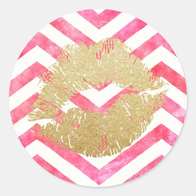 Chic Pink Chevron Gold Lips Valentine's Day Classic Round Sticker (Front)