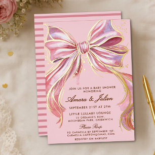 Chic Pink Couture Watercolor Bow Baby Shower 
