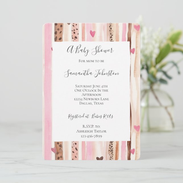 Chic Pink Cream Leopard Animal Stripes Baby Shower Invitation (Standing Front)