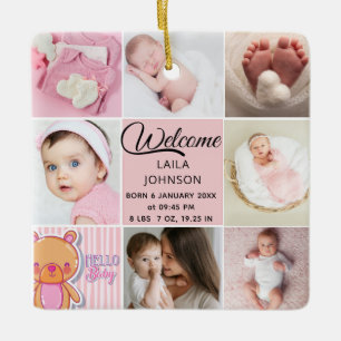 Chic Pink Custom name and baby girl photo collage Ceramic Ornament