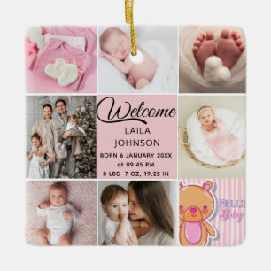 Chic Pink Custom name and baby girl photo collage Ceramic Ornament