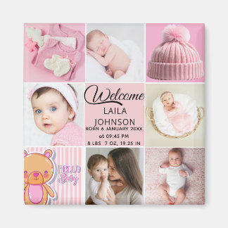Chic Pink Custom name and baby girl photo collage Magnet