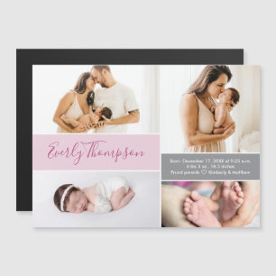 Chic Pink Custom name and baby girl photo collage Magnetic Invitation