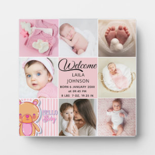 Chic Pink Custom name and baby girl photo collage Plaque
