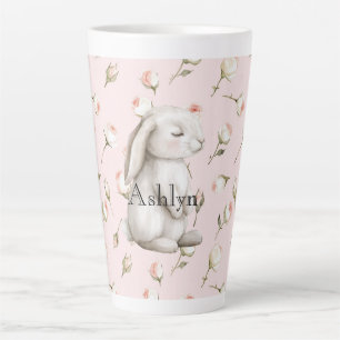 Chic Pink Cute Bunny Rose Floral Latte Mug