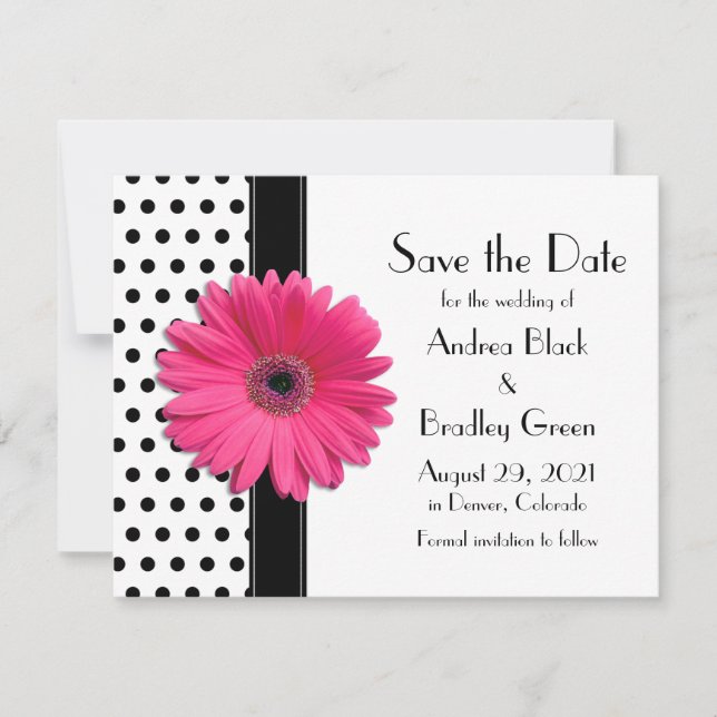 Chic Pink Daisy Flower Black and White Polka Dot Save The Date (Front)