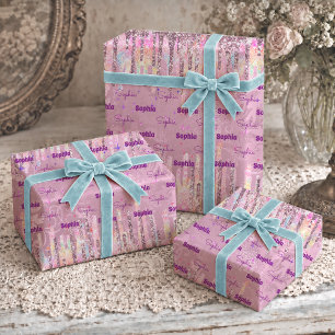 Chic Pink Damask Dripping Glitter Unicorn Wrapping Paper Sheet