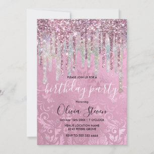Chic pink damask dripping unicorn glitter monogram invitation