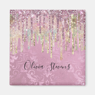Chic pink damask dripping unicorn glitter monogram magnet