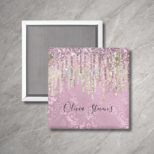 Chic pink damask dripping unicorn glitter monogram magnet