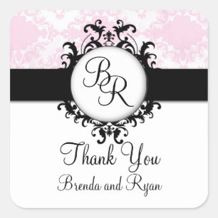 Chic Pink Damask Initial Thank You Wedding Sticker