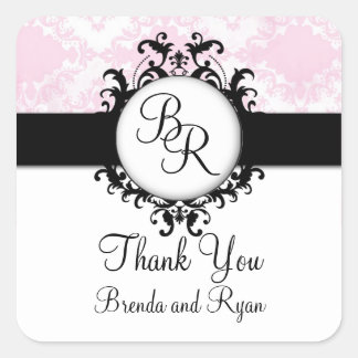 Chic Pink Damask Initial Thank You Wedding Sticker