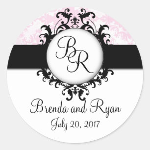 Chic Pink Damask Initial Wedding Sticker