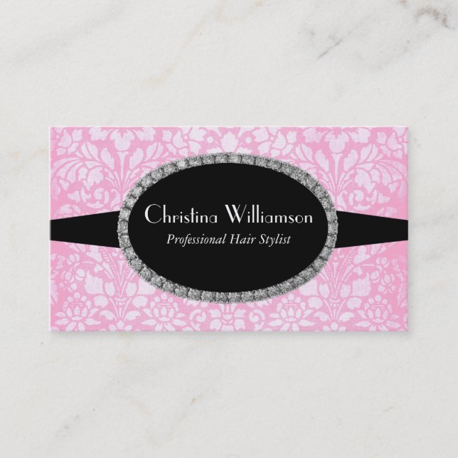 Chic pink Damask Rhinestones Business Card (Front)