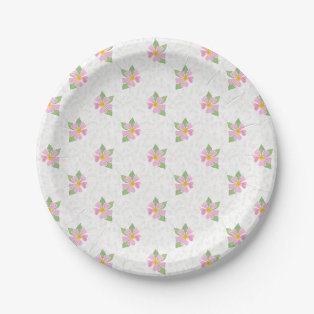 Chic Pink Dog Roses on Textured White Paper Plate (Front)
