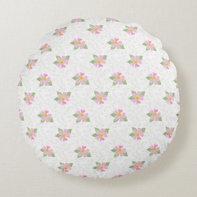 Chic Pink Dog Roses on Textured White Round Pillow (Front)