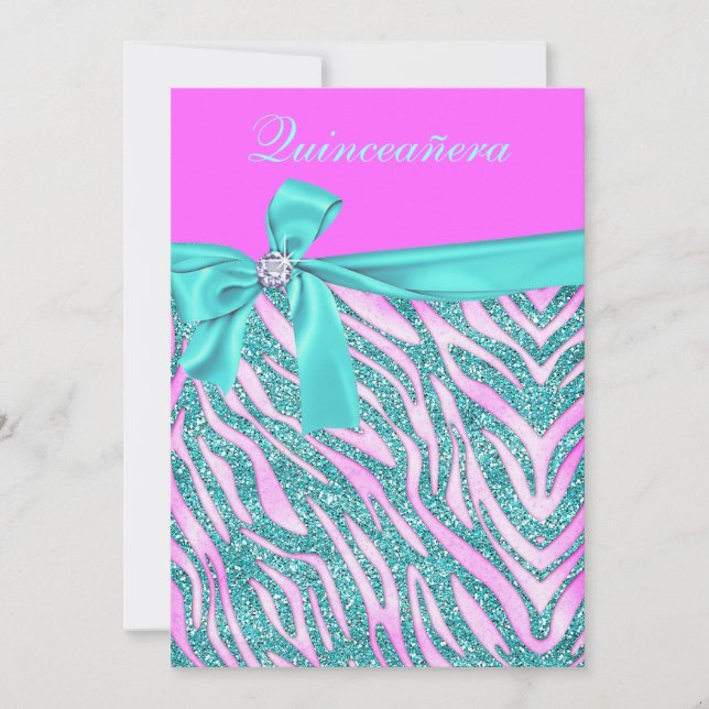 Chic Pink Fake Glitter Zebra Quinceanera Party Invitation (Front)