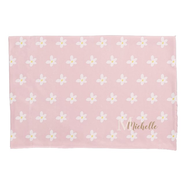 Chic Pink Farmhouse Sweet Daisies Trend Monogram  Pillowcase (Front)