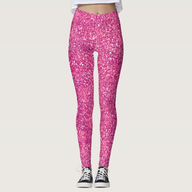 Chic Pink Faux Glitter Sparkles Girly Glam Leggings (Front)