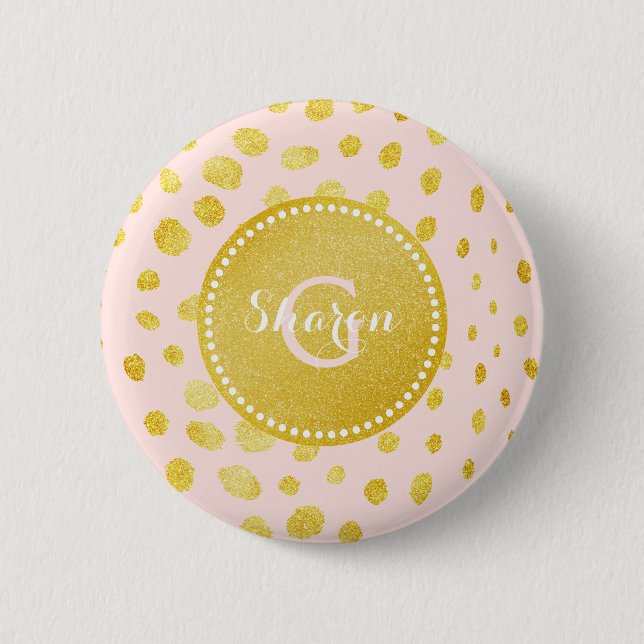 Chic pink faux gold glitter cheetah print monogram 6 cm round badge (Front)