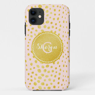 Chic pink faux gold glitter cheetah print monogram iPhone 11 case