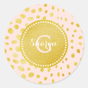 Chic pink faux gold glitter cheetah print monogram classic round sticker