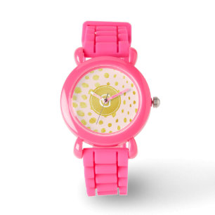 Chic pink faux gold glitter cheetah print monogram watch