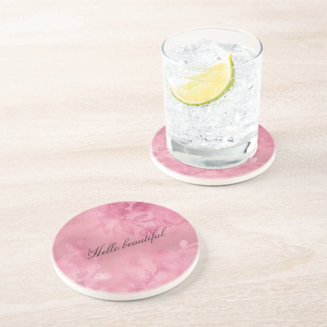 Chic Pink Feminine Floral Lace  Coaster (Side)