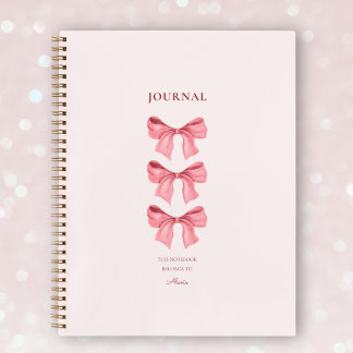 Chic Pink Feminine Red Bows Coquette Name Notebook