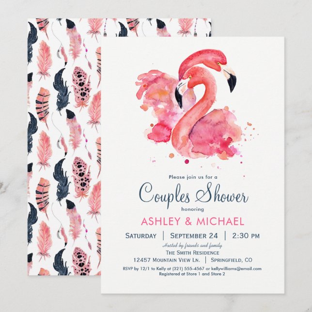 Chic Pink Flamingo Couples Shower Invitation (Front/Back)