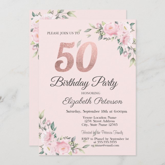 Chic Pink Floral 50th Birthday Party Invitation (Front/Back)