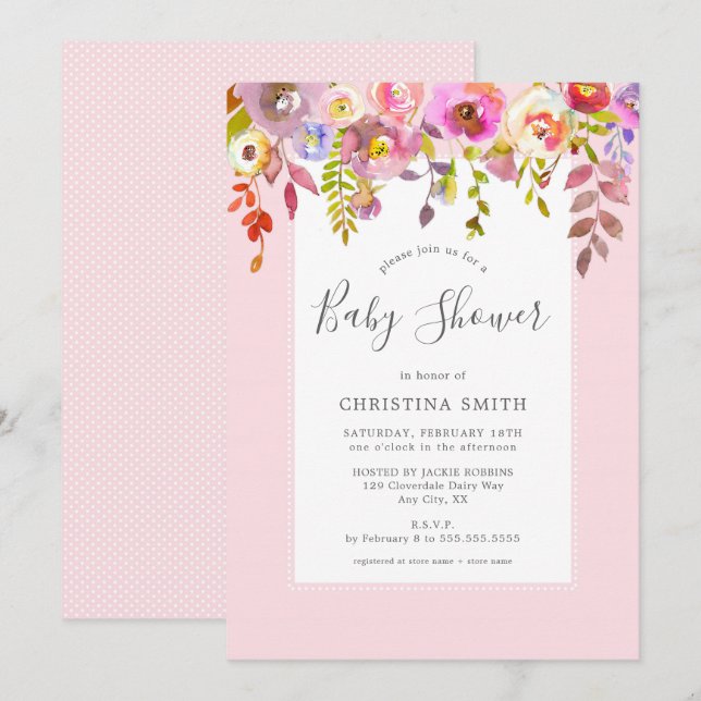 Chic pink floral baby shower invitation (Front/Back)