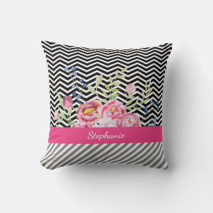 Chic Pink Floral Black and White Chevrons and Name Cushion