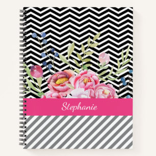 Chic Pink Floral Black and White Chevrons and Name Notebook