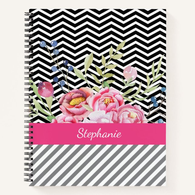 Chic Pink Floral Black and White Chevrons and Name Notebook (Front)
