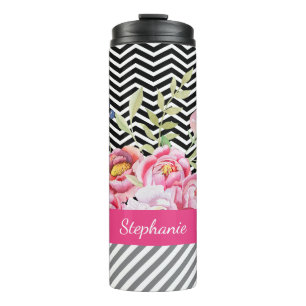 Chic Pink Floral Black and White Chevrons and Name Thermal Tumbler