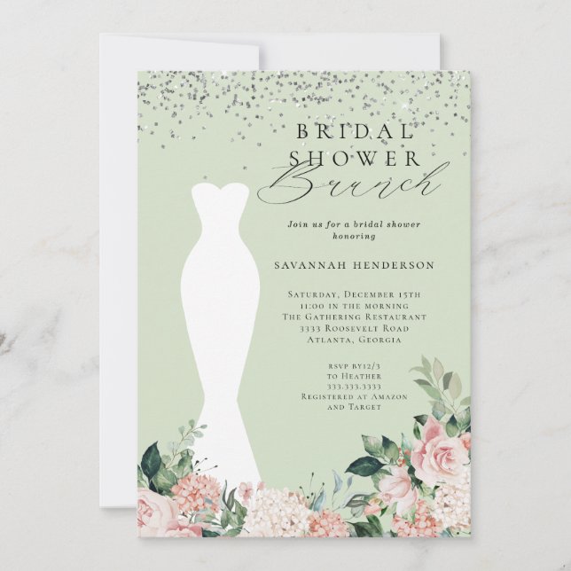 Chic Pink Floral Bridal Dress Bridal Shower Brunch Invitation (Front)