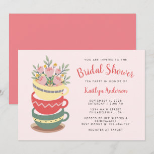 Chic Pink Floral Bridal Shower Tea Party Invitation