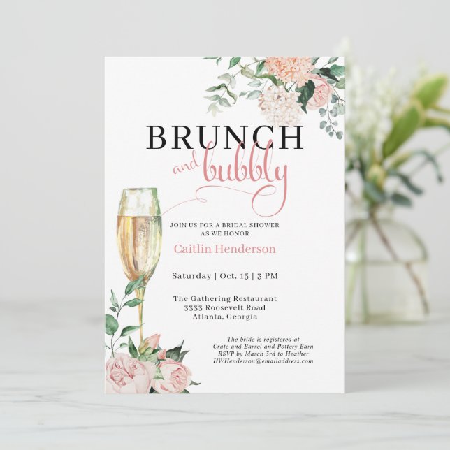 Chic Pink Floral Brunch and Bubbly Bridal Shower Invitation (Standing Front)